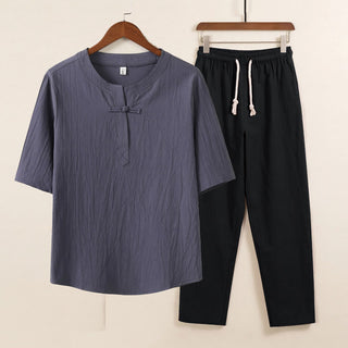 Buddha Gift 2Pcs Simple Design Chinese Frog-Button Shirt Drawstring Wide Leg Pants With Pockets Men's Meditation Cloth Set