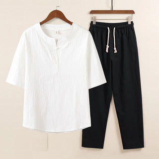 Buddha Gift 2Pcs Simple Design Chinese Frog-Button Shirt Drawstring Wide Leg Pants With Pockets Men's Meditation Cloth Set