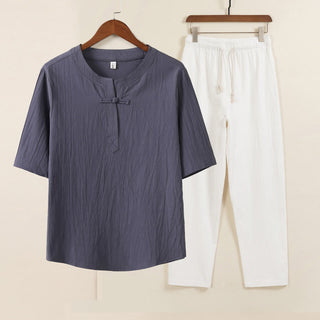 Buddha Gift 2Pcs Simple Design Chinese Frog-Button Shirt Drawstring Wide Leg Pants With Pockets Men's Meditation Cloth Set