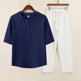 Buddha Gift 2Pcs Simple Design Chinese Frog-Button Shirt Drawstring Wide Leg Pants With Pockets Men's Meditation Cloth Set