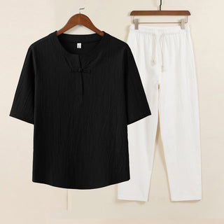 Buddha Gift 2Pcs Simple Design Chinese Frog-Button Shirt Drawstring Wide Leg Pants With Pockets Men's Meditation Cloth Set