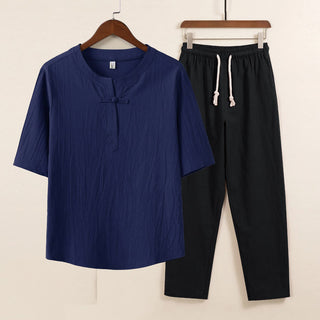 Buddha Gift 2Pcs Simple Design Chinese Frog-Button Shirt Drawstring Wide Leg Pants With Pockets Men's Meditation Cloth Set