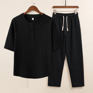 Buddha Gift 2Pcs Simple Design Chinese Frog-Button Shirt Drawstring Wide Leg Pants With Pockets Men's Meditation Cloth Set