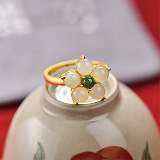 Buddha Gift 925 Sterling Silver Natural Hetian Jade Peach Blossom Flower Luck Adjustable Ring