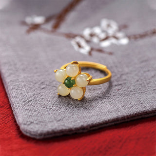 Buddha Gift 925 Sterling Silver Natural Hetian Jade Peach Blossom Flower Luck Adjustable Ring