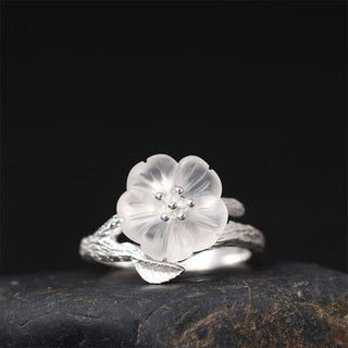 Buddha Gift 925 Sterling Silver White Crystal Skeleton Flower Adjustable Healing Ring