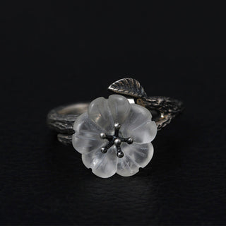 Buddha Gift 925 Sterling Silver White Crystal Skeleton Flower Adjustable Healing Ring