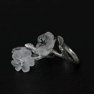 Buddha Gift 925 Sterling Silver White Crystal Skeleton Flower Adjustable Healing Ring
