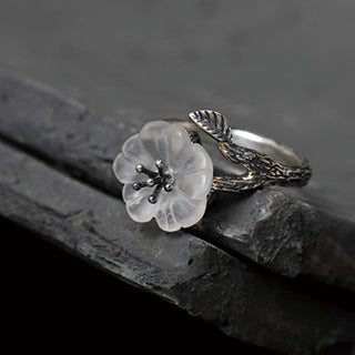 Buddha Gift 925 Sterling Silver White Crystal Skeleton Flower Adjustable Healing Ring