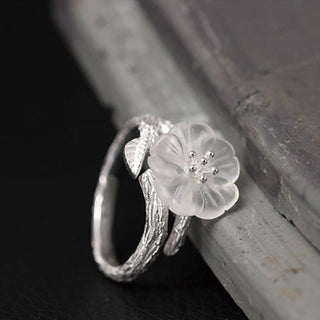 Buddha Gift 925 Sterling Silver White Crystal Skeleton Flower Adjustable Healing Ring