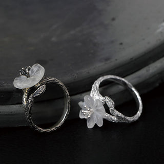 Buddha Gift 925 Sterling Silver White Crystal Skeleton Flower Adjustable Healing Ring