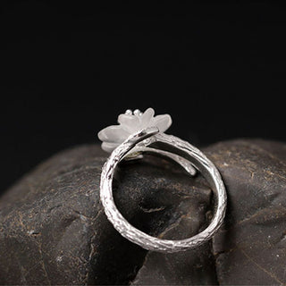 Buddha Gift 925 Sterling Silver White Crystal Skeleton Flower Adjustable Healing Ring