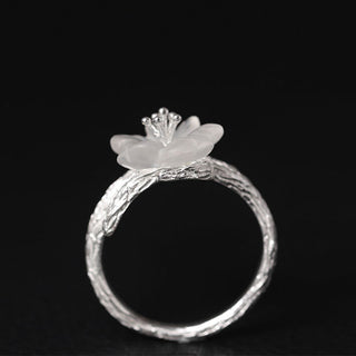 Buddha Gift 925 Sterling Silver White Crystal Skeleton Flower Adjustable Healing Ring