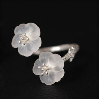 Buddha Gift 925 Sterling Silver White Crystal Double Plum Blossom Flower Adjustable Protection Ring