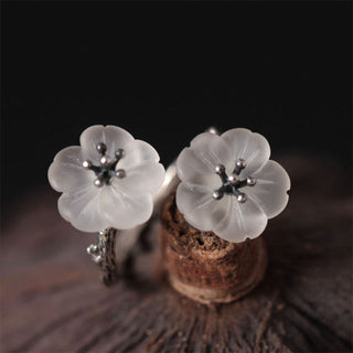 Buddha Gift 925 Sterling Silver White Crystal Double Plum Blossom Flower Adjustable Protection Ring