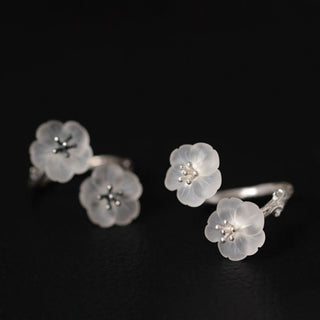 Buddha Gift 925 Sterling Silver White Crystal Double Plum Blossom Flower Adjustable Protection Ring