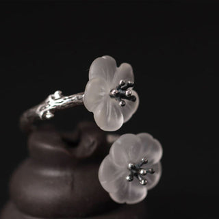 Buddha Gift 925 Sterling Silver White Crystal Double Plum Blossom Flower Adjustable Protection Ring