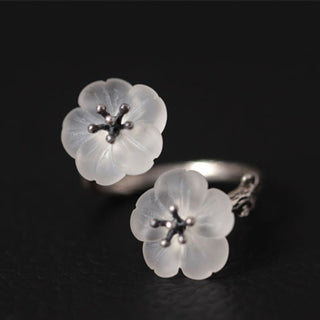Buddha Gift 925 Sterling Silver White Crystal Double Plum Blossom Flower Adjustable Protection Ring