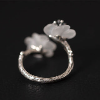 Buddha Gift 925 Sterling Silver White Crystal Double Plum Blossom Flower Adjustable Protection Ring