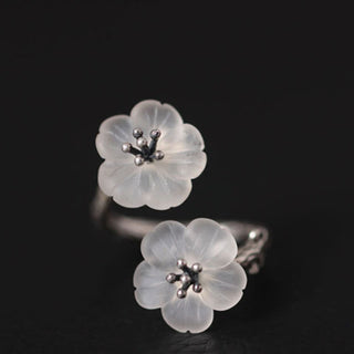 Buddha Gift 925 Sterling Silver White Crystal Double Plum Blossom Flower Adjustable Protection Ring