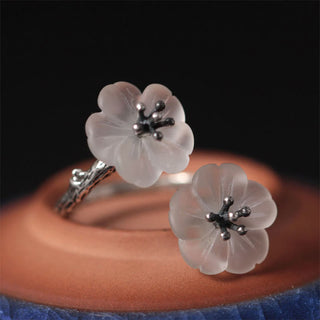 Buddha Gift 925 Sterling Silver White Crystal Double Plum Blossom Flower Adjustable Protection Ring