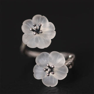 Buddha Gift 925 Sterling Silver White Crystal Double Plum Blossom Flower Adjustable Protection Ring