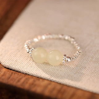 Buddha Gift 925 Sterling Silver Natural Small Hetian Jade Bead Luck Elastic Ring