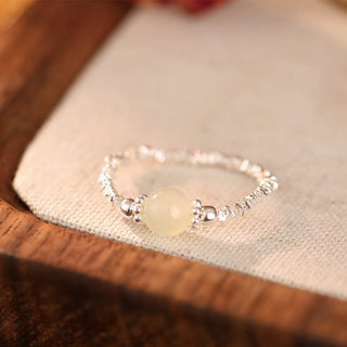 Buddha Gift 925 Sterling Silver Natural Small Hetian Jade Bead Luck Elastic Ring