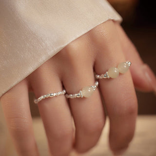 Buddha Gift 925 Sterling Silver Natural Small Hetian Jade Bead Luck Elastic Ring