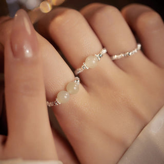 Buddha Gift 925 Sterling Silver Natural Small Hetian Jade Bead Luck Elastic Ring