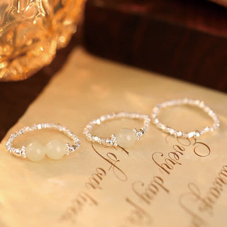 Buddha Gift 925 Sterling Silver Natural Small Hetian Jade Bead Luck Elastic Ring