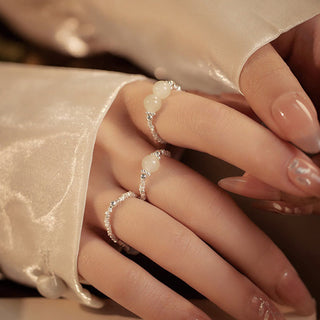 Buddha Gift 925 Sterling Silver Natural Small Hetian Jade Bead Luck Elastic Ring