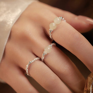 Buddha Gift 925 Sterling Silver Natural Small Hetian Jade Bead Luck Elastic Ring