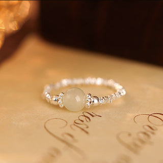 Buddha Gift 925 Sterling Silver Natural Small Hetian Jade Bead Luck Elastic Ring