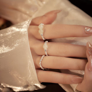 Buddha Gift 925 Sterling Silver Natural Small Hetian Jade Bead Luck Elastic Ring