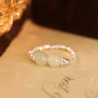 Buddha Gift 925 Sterling Silver Natural Small Hetian Jade Bead Luck Elastic Ring