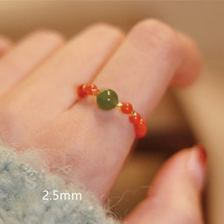 Buddha Gift 925 Sterling Silver Natural Small Hetian Jade Red Agate Pearl Bead Prosperity Elastic Ring