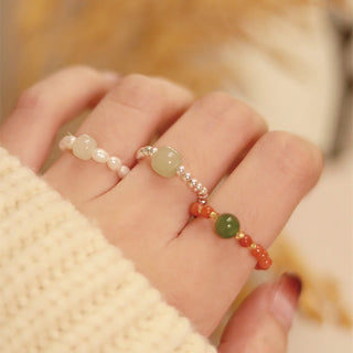 Buddha Gift 925 Sterling Silver Natural Small Hetian Jade Red Agate Pearl Bead Prosperity Elastic Ring