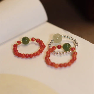 Buddha Gift 925 Sterling Silver Natural Small Hetian Jade Red Agate Pearl Bead Prosperity Elastic Ring