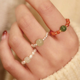 Buddha Gift 925 Sterling Silver Natural Small Hetian Jade Red Agate Pearl Bead Prosperity Elastic Ring