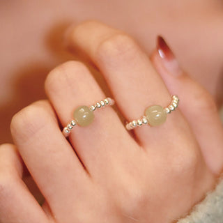 Buddha Gift 925 Sterling Silver Natural Small Hetian Jade Red Agate Pearl Bead Prosperity Elastic Ring