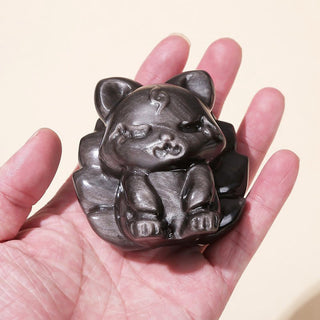 Buddha Gift Natural Silver Sheen Obsidian Nine Tailed Fox Protection Home Decoration