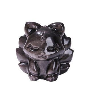 Buddha Gift Natural Silver Sheen Obsidian Nine Tailed Fox Protection Home Decoration