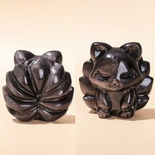 Buddha Gift Natural Silver Sheen Obsidian Nine Tailed Fox Protection Home Decoration