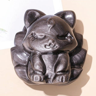 Buddha Gift Natural Silver Sheen Obsidian Nine Tailed Fox Protection Home Decoration