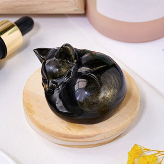 Buddha Gift Natural Gold Sheen Obsidian Sleeping Cat Statue Home Decoration