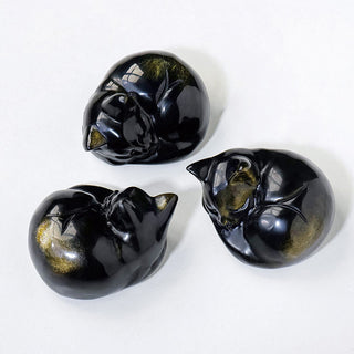 Buddha Gift Natural Gold Sheen Obsidian Sleeping Cat Statue Home Decoration