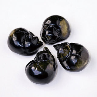 Buddha Gift Natural Gold Sheen Obsidian Sleeping Cat Statue Home Decoration