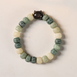 Buddha Gift Bodhi Seed Om Mani Padme Hum Carved Silver Sheen Obsidian Cat Head Wisdom Bracelet