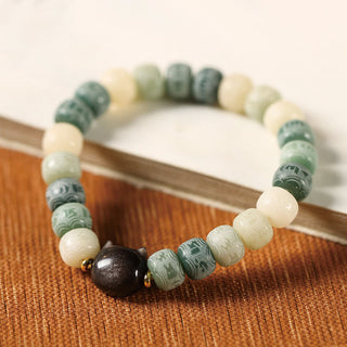 Buddha Gift Bodhi Seed Om Mani Padme Hum Carved Silver Sheen Obsidian Cat Head Wisdom Bracelet